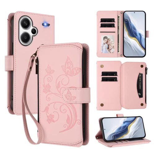 Funda de cuero con cremallera para Redmi Note 13 Pro+, diseño de mariposas, flores y mariposas (rosa)