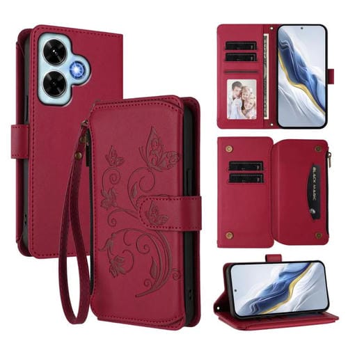 Funda de cuero con cremallera para Redmi Note 13 4G, diseño de mariposas, flores y mariposas (rojo vino)