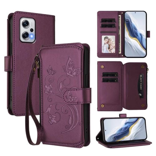 Funda de cuero con cremallera para Redmi Note 12T Pro / Redmi K50i, diseño de mariposas, flores y mariposas (morado oscuro)