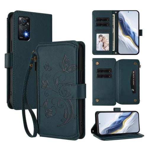 Funda de cuero con cremallera para Redmi Note 12 Pro 4G / Note 11 Pro 5G, diseño de mariposas y flores, con múltiples tarjetas (verde oscuro)