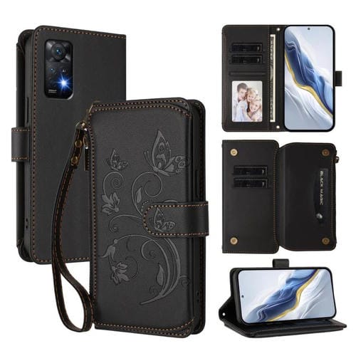 Funda de cuero con cremallera para Redmi Note 12 Pro 4G / Note 11 Pro 5G, diseño de mariposas y flores, con múltiples tarjetas (negro)