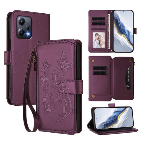 Funda de cuero con cremallera para Redmi Note 12 5G Global / Xiaomi Poco X5, diseño de mariposas, flores y múltiples tarjetas (morado oscuro)