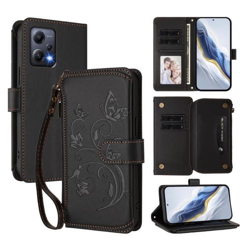 Funda de cuero con cremallera para Redmi Note 12 5G Global / Xiaomi Poco X5, diseño de mariposas, flores y múltiples tarjetas (negro)