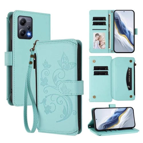 Funda de cuero con cremallera para Redmi Note 12 5G Global / Xiaomi Poco X5, diseño de mariposas, flores y múltiples tarjetas (verde menta)