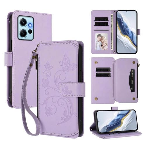 Funda de cuero con cremallera para Redmi Note 12 4G, diseño de mariposas, flores y amor, con múltiples tarjetas (morado claro)