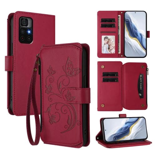 Funda de cuero con cremallera para Redmi Note 11S 5G / Xiaomi Poco M4 Pro 5G, diseño de mariposas y flores, con múltiples tarjetas (rojo vino)