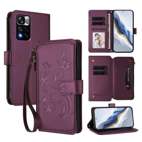 Funda de cuero con cremallera para Redmi Note 11 Pro+ 5G y Xiaomi Poco X4 NFC, diseño de mariposas y flores (morado oscuro)