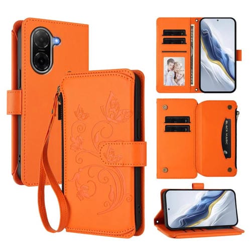 Funda de cuero con cremallera para Redmi A5 4G (173,3 mm), diseño de mariposas y flores (naranja)