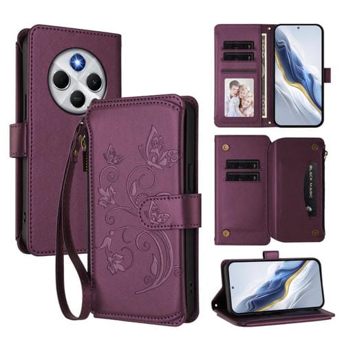 Funda de cuero con cremallera para Redmi A4 5G / A3 Pro / 14C 4G / 14R, diseño de mariposas y flores, con múltiples tarjetas (morado oscuro)