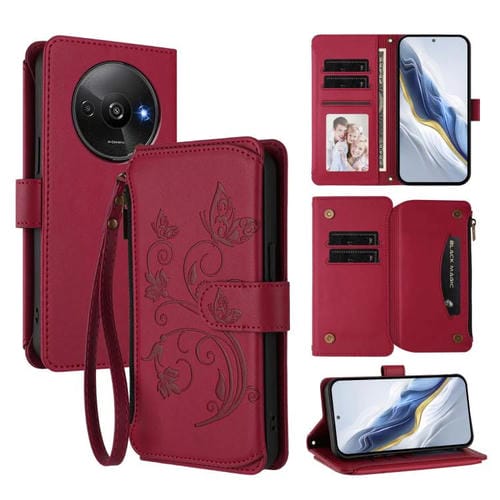 Funda de cuero con cremallera para Redmi A3 / A3x / Xiaomi Poco C61, diseño de mariposas, flores y mariposas (rojo vino)