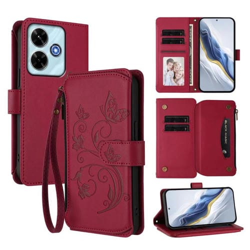 Funda de cuero con cremallera para Redmi 13 4G / 5G / 13x / Xiaomi Poco M6 4G, diseño de mariposas y flores, con múltiples tarjetas (rojo vino)