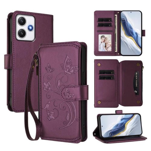 Funda de cuero con cremallera para Redmi 12 4G / 5G / Note 12R, diseño de mariposas, flores y múltiples tarjetas (morado oscuro)
