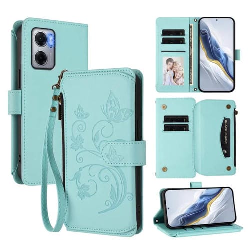Funda de cuero con cremallera para Redmi 10 5G / Redmi 11 Prime 5G, diseño de mariposas, flores y mariposas (verde menta)