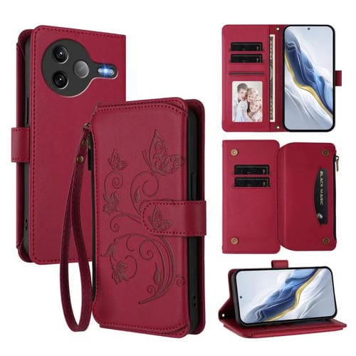 Funda de cuero con cremallera para Xiaomi Poco F7 Ultra / Redmi K80 Pro, diseño de mariposas, flores y mariposas (rojo vino)