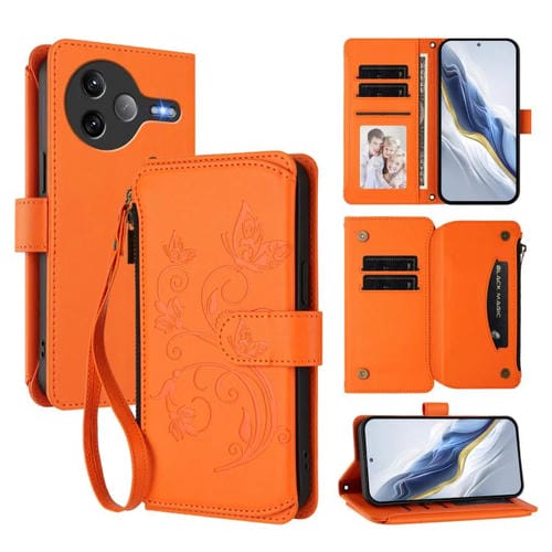 Funda de cuero con cremallera para Xiaomi Poco F7 Ultra / Redmi K80 Pro, diseño de mariposas, flores y mariposas (naranja)