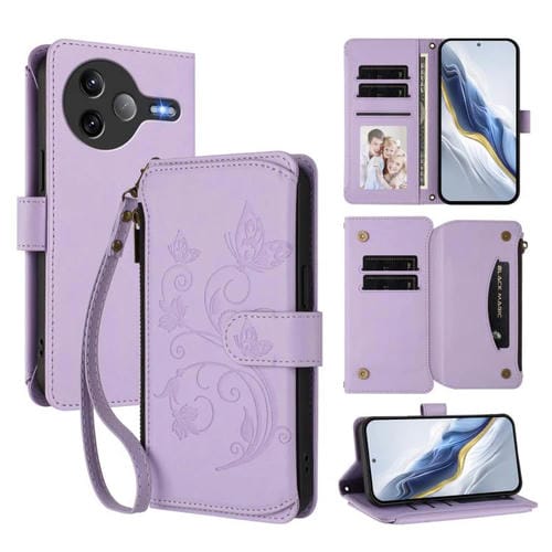 Funda de cuero con cremallera para Xiaomi Poco F7 Ultra / Redmi K80 Pro, diseño de mariposas y flores, con múltiples tarjetas (morado claro)