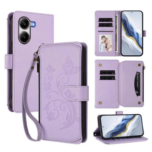 Funda de cuero con cremallera para Xiaomi Poco X7 Pro, diseño de mariposas, flores y múltiples tarjetas (morado claro)