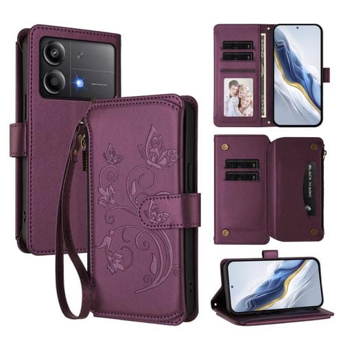 Funda de cuero con cremallera para Xiaomi Poco X6 Neo, diseño de mariposas, flores y mariposas (morado oscuro)