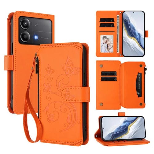 Funda de cuero con cremallera para Xiaomi Poco X6 Neo, diseño de mariposas, flores y amor, con múltiples tarjetas (naranja)