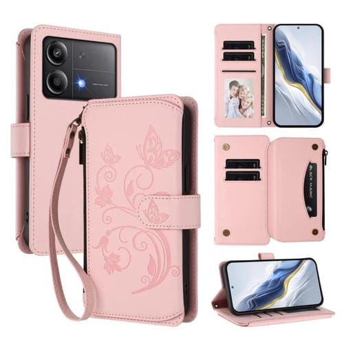 Funda de cuero con cremallera para Xiaomi Poco X6 Neo, diseño de mariposas, flores y mariposas (rosa)