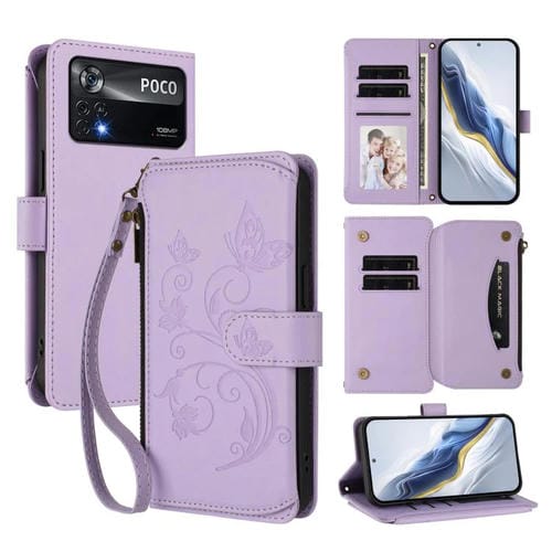 Funda de cuero con cremallera para Xiaomi Poco X4 Pro 5G, diseño de mariposas, flores y múltiples tarjetas (morado claro)