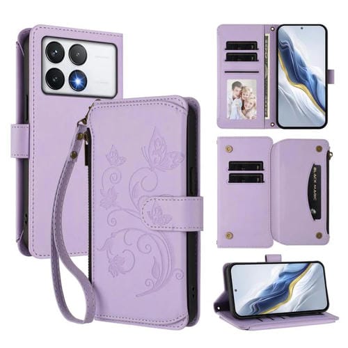 Funda de cuero con cremallera para Xiaomi Poco F6 Pro, diseño de mariposas, flores y múltiples tarjetas (morado claro)