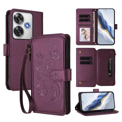 Funda de cuero con cremallera para Xiaomi Poco F6, diseño de mariposas, flores y mariposas (morado oscuro)