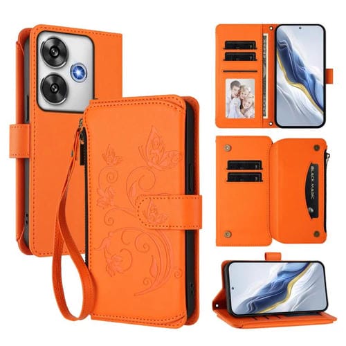 Funda de cuero con cremallera para Xiaomi Poco F6, diseño de mariposas, flores y mariposas (naranja)