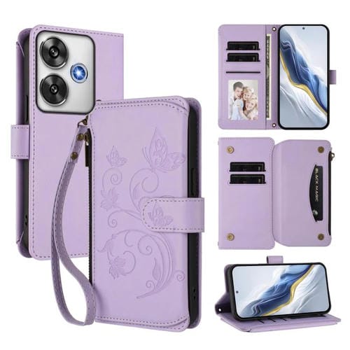 Funda de cuero con cremallera para Xiaomi Poco F6, diseño de mariposas y flores, con múltiples tarjetas (morado claro)
