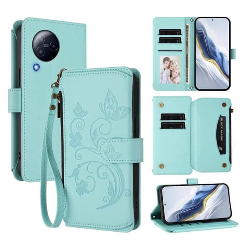 Funda de cuero con cremallera para Xiaomi Civi 3, diseño de mariposas y flores, con múltiples tarjetas (verde menta)
