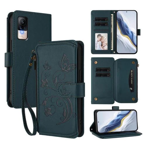 Funda de cuero con cremallera para Xiaomi Civi 1S, diseño de mariposas, flores y mariposas (verde oscuro)