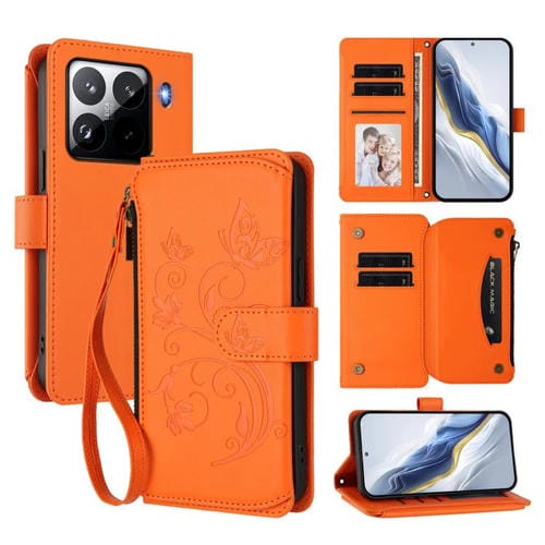 Funda de cuero con cremallera para Xiaomi 15 Pro, diseño de mariposas, flores y mariposas (naranja)