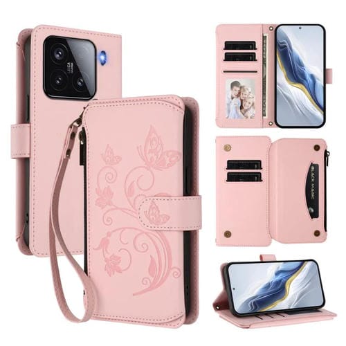 Funda de cuero con cremallera para Xiaomi 15, diseño de mariposas y flores, con múltiples tarjetas (rosa)