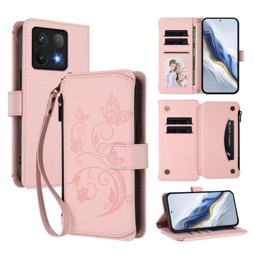 Funda de cuero con cremallera para Xiaomi 14T Pro, diseño de mariposas, flores y mariposas (rosa)