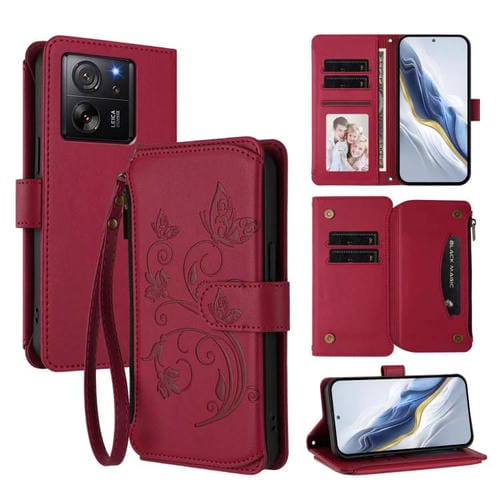 Funda de cuero con cremallera para Xiaomi 13T / 13T Pro / Redmi K60 Ultra, diseño de mariposas, flores y amor (rojo vino)