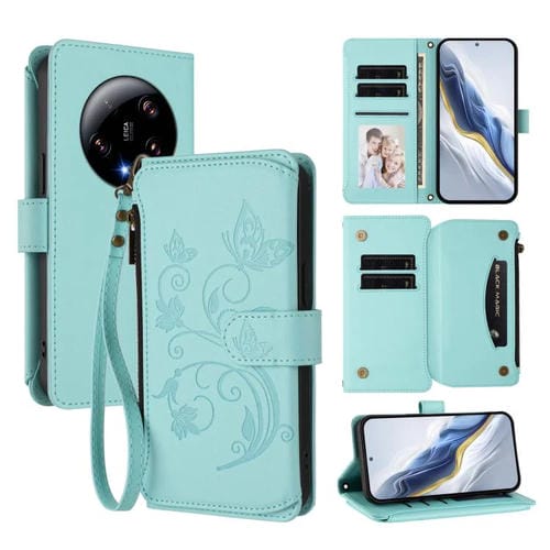 Funda de cuero con cremallera para Xiaomi 13 Ultra, diseño de mariposas y flores, con múltiples tarjetas (verde menta)