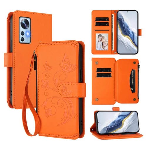 Funda de cuero con cremallera para Xiaomi 12 / Xiaomi 12X / Xiaomi 12S, diseño de mariposas y flores (naranja)