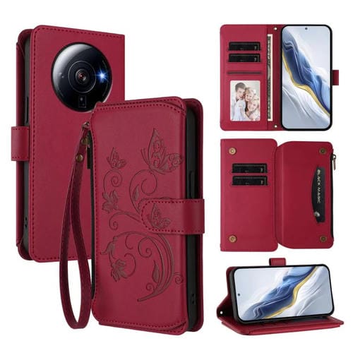 Funda de cuero con cremallera para Xiaomi 12S Ultra, diseño de mariposas, flores y amor, con múltiples tarjetas (rojo vino)