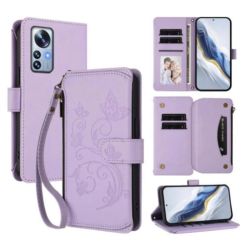 Funda de cuero con cremallera para Xiaomi 12 Pro / 12S Pro, diseño de mariposas, flores y múltiples tarjetas (morado claro)