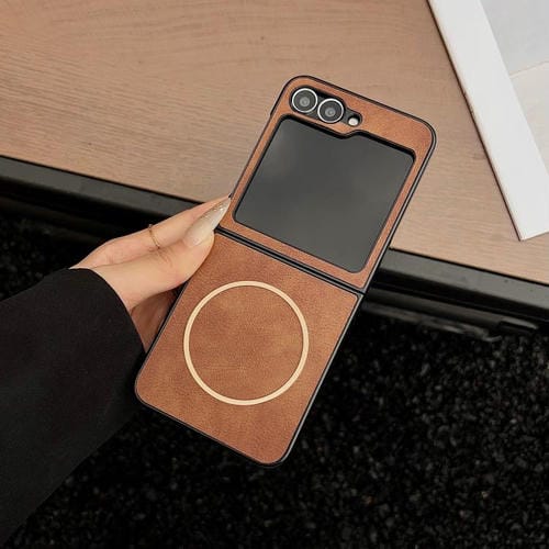 Funda MagSafe con textura Crazy Horse para Samsung Galaxy Z Flip6/Flip7 FE (marrón)