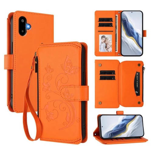 Funda de cuero con cremallera para Samsung Galaxy M06 5G / F06 5G, diseño de mariposas, flores y amor (naranja)