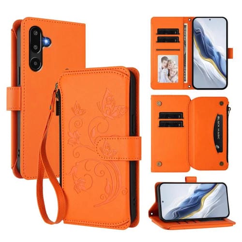 Funda de cuero con cremallera para Samsung Galaxy M16 5G / F16 5G, diseño de mariposas, flores y amor, con múltiples tarjetas (naranja)