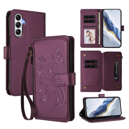 Funda de cuero con cremallera para Samsung Galaxy M14 5G, diseño de mariposas, flores y amor, con mĂșltiples tarjetas (morado oscuro)