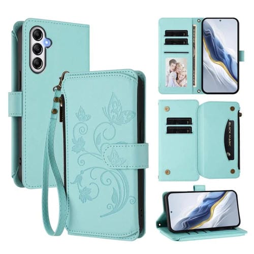 Funda de cuero con cremallera para Samsung Galaxy M14 5G, diseño de mariposas, flores y amor, con mĂșltiples tarjetas (verde menta)