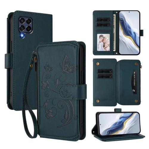 Funda de cuero con cremallera para Samsung Galaxy M53 5G, diseño de mariposas, flores y amor, con múltiples tarjetas (verde oscuro)