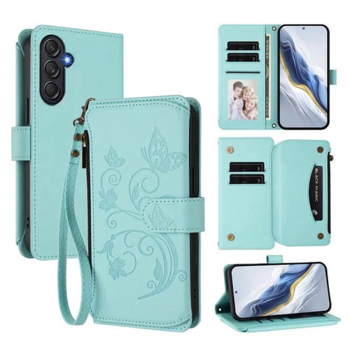 Funda de cuero con cremallera para Samsung Galaxy M55/C55, diseño de mariposas y flores, con mĂșltiples tarjetas (verde menta)