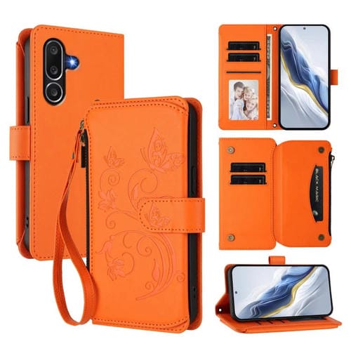 Funda de cuero con cremallera para Samsung Galaxy M56 5G, diseño de mariposas, flores y amor, con múltiples tarjetas (naranja)