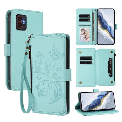 Funda de cuero con cremallera para Samsung Galaxy XCover7 Pro, diseño de mariposas, flores y amor, con mĂșltiples tarjetas (verde menta)