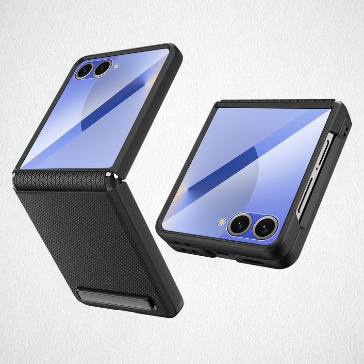Funda para Samsung Galaxy Z Flip7 5G con soporte invisible integrado y textura de lichi (negro trigo)