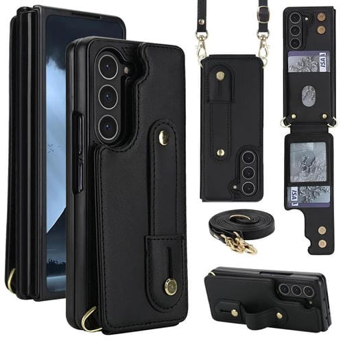 Funda tipo cartera con tapa vertical y correa para Samsung Galaxy Z Fold5 5G, con cordón largo (negro)
